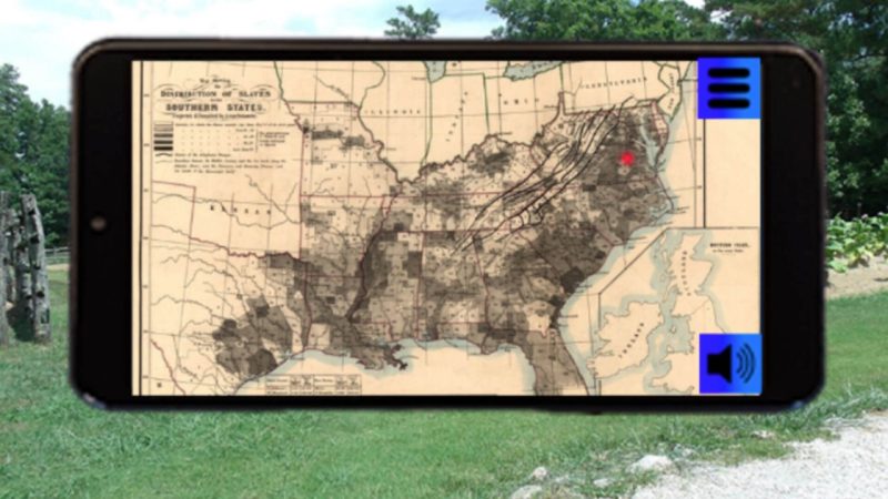 A historical map shows the geographical distribution of enslaved people in the southern United States, allowing the user to connect slavery in this place with larger regional stories.