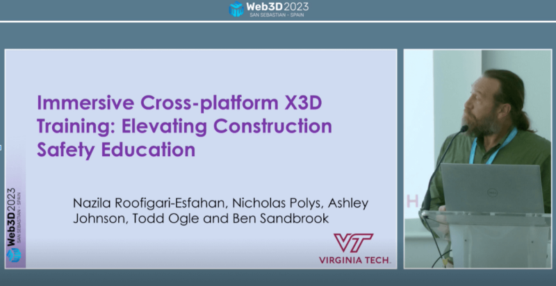 Nicholas Polys presented the paper ‘Immersive Cross-platform X3D Training’ at Web3D conference, with co-authors Nazila Roofigari-Esfahan, Todd Ogle, and others.