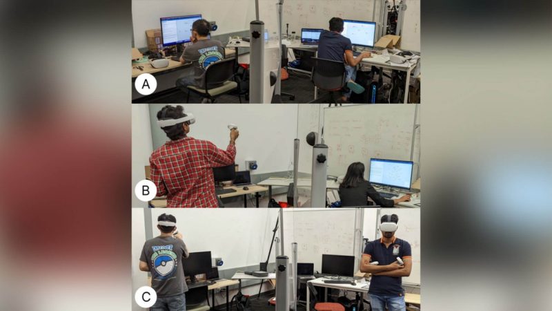 Figure 3: The figure shows two participants working together in PC-PC (A), PC-VR (B), and VR-VR (C) conditions. A standard office whiteboard was placed in the middle to simulate a remote setting. 