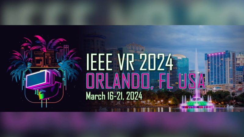 Promotional banner for the IEEE VR 2024 conference in Orlando, FL, USA, scheduled for March 16-21, 2024. The left side of the banner features a vibrant, neon-colored graphic of a VR headset surrounded by palm trees and city buildings, suggesting a theme of technology and vacation. The right side displays a twilight scene of Orlando's skyline with illuminated buildings reflecting on a body of water, which emphasizes the event's location. The words "IEEE VR 2024" dominate the center in bold, bright lettering.