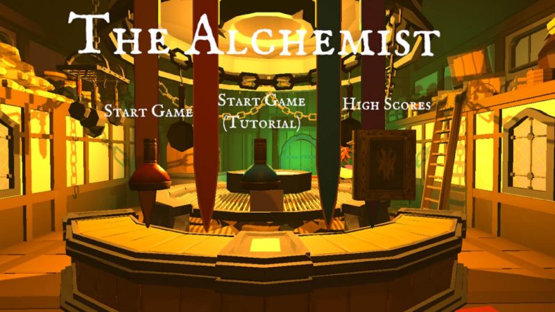 A screenshot of a video game titled "The Alchemist" featuring a main menu screen. The game's setting appears to be an old-fashioned alchemist's laboratory with wooden floors and walls, various hanging pots and lanterns, and a large, central workbench with potion bottles. There are three menu options overlaid on the scene: "Start Game," "Start Game [Tutorial]," and "High Scores."