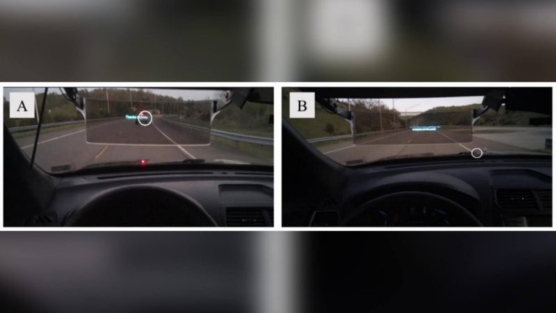 The image displays a two-panel figure labeled A and B, showing the interior view from a driver's perspective inside a car, driving on a road. Panel A has a circle around a brake light of a car ahead, illustrating a moment of inattentional blindness where the driver's gaze is directed towards the lead vehicle's brake light, which is lit, but the driver fails to notice it. Panel B has a circle around an area at the top of the windshield, depicting a moment of attention capture where the driver's response to a stimulus on the periphery of the road is delayed due to the presence of an augmented reality (AR) task.
