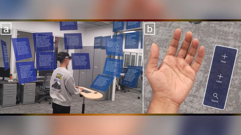There are two panels, in the left panel is a photo of a person standing with their back to us at a podium. The person is wearing an AR headset, and floating around them are simulated blue boxes with white text.   In the right panel is a photograph of a persons hand next to a simulated remote control, as one would view it in AR. The remote has three interactive buttons labeled 'Note', 'Label' and 'Search'.